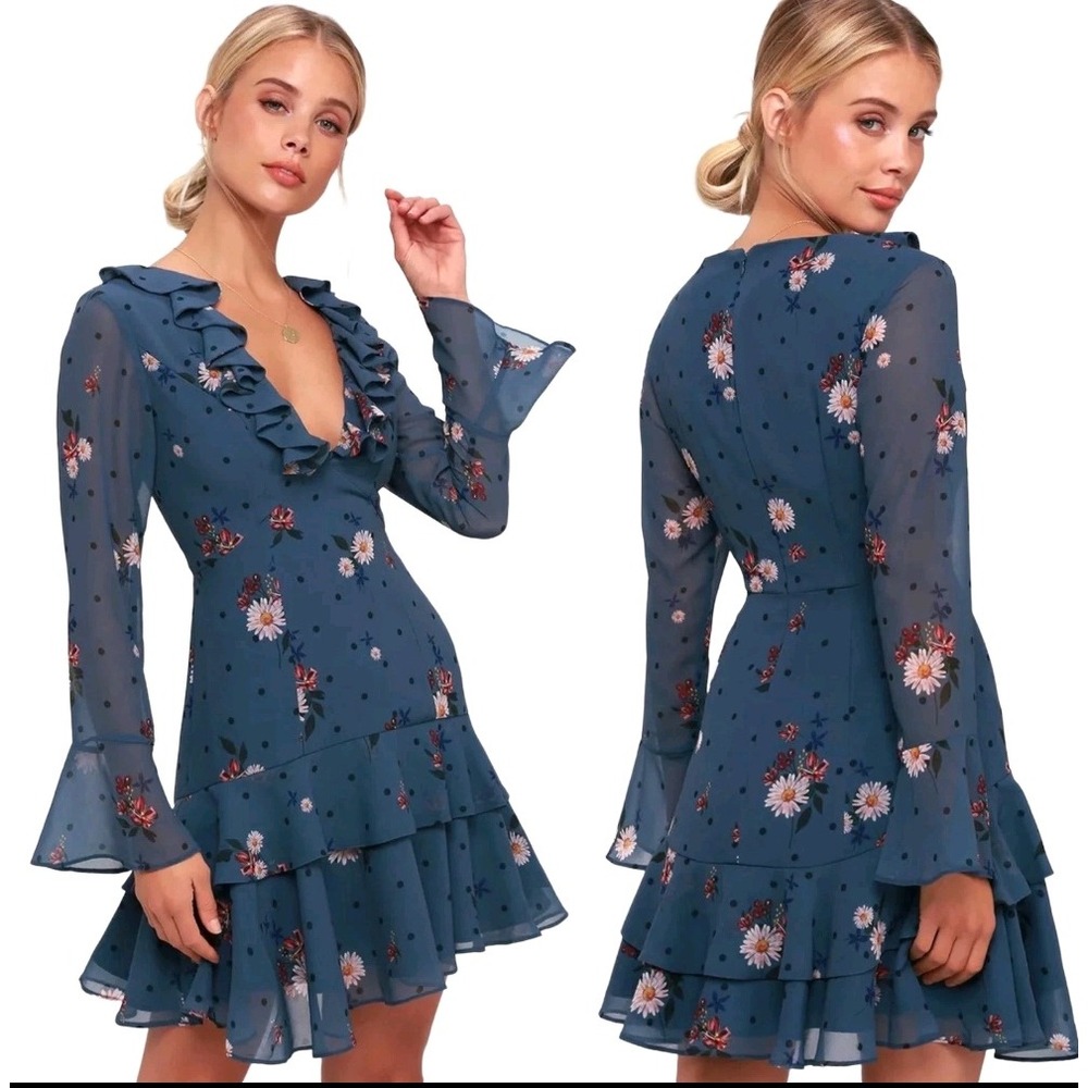 Keepsake, Medium, Run Free, Floral Long Sleeve Mini Dress, Slate Blue, Ruffle